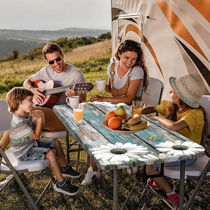 Daisy Flowers Picnic Table Cover with Bench Covers and Bag, Camping Essentials, Wooden Grain Waterproof Windproof, Fitted Tablecloth Cover with Elastic Edge, for Indoor & Outdoor, 3 PCS, 30x60 Inch