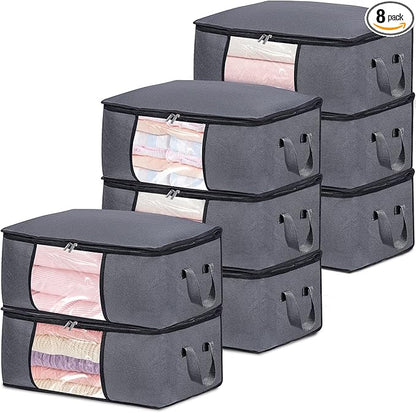 BiCINE 8 Pack Clothes Storage Bags with Zipper, 45L Foldable Blanket Storage Bag with Clear Window Sturdy Handles for Closet, Dorm, Pillows, Bedding, Sheet, Comforter, Gray