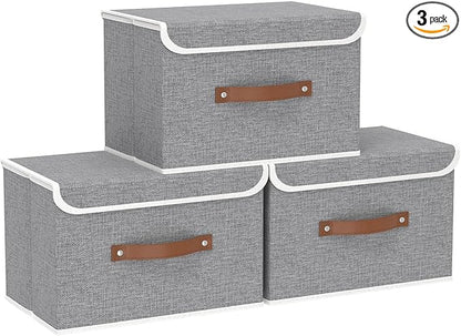 Yawinhe Collapsible Storage Bin, Cube Organizer Basket, Fabric Box with Lids, Washable and Leather Handle, for Home, Closet, Grey, 15.0''Lx9.8''Wx9.8''H, 3-Pack, USNK024GL-3