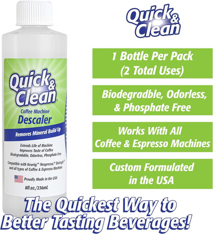 Quick & Clean 4-Pack of Cleaning Cups + 2 Filters with Descaler Bundle (2 Total Uses) - 2.0 Compatible, Descaling Solution for Keurig, Nespresso