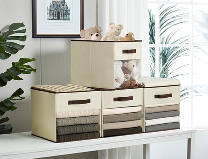 DECOMOMO Kallax Storage Cubes, 13x15x13 Storage Cube Bins with Window, Baskets for Organizing Shelves (Kallax / 4pcs, Beige)