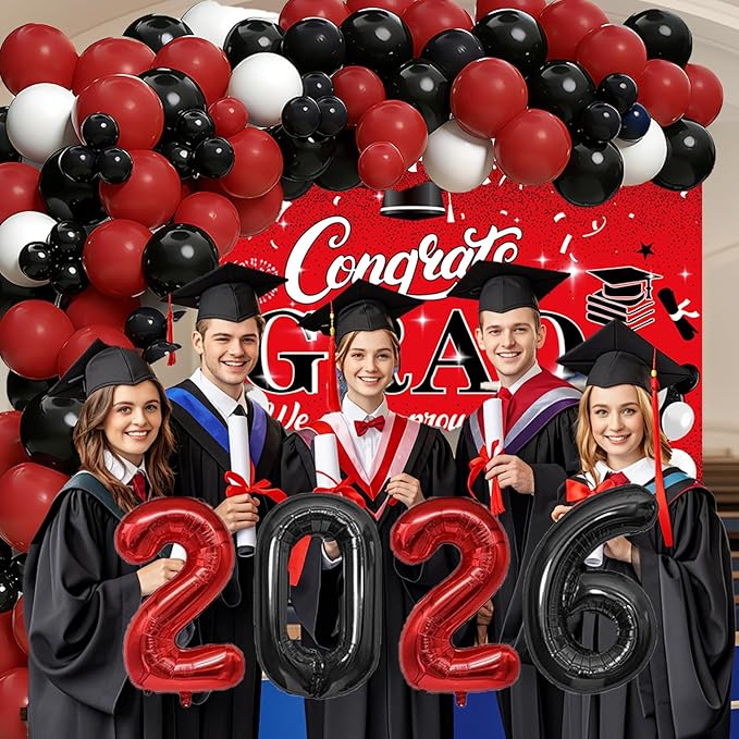 Red and Black Graduation Party Decorations 2026 - Graduation Balloon Arch Kit With Red Black Graduation Balloons, Congrats Grad Backdrop, 2026 Foil Balloons For High College School Gradua tion Decor