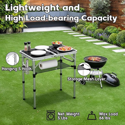 YihuiKo Small Folding Table, Aluminum 24" x 16" Adjustable Height Max 27.5" Folding Camping Table with Carrying Handle, Lightweight, Portable Camp Table for Outdoor Indoor Picnic Beach, Black