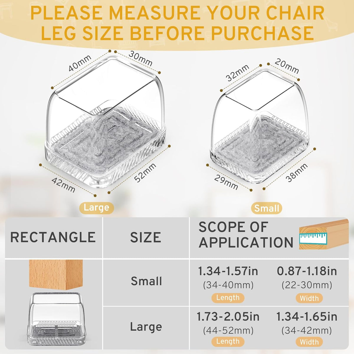 24PCS Rectangular Chair Leg Floor Protectors, Furniture Sliders, Non-Slip Felt Furniture Pads for Hardwood Floors, Silicone Cap Covers to Protect Floors,(Fit L :1.34-1.57", W: 0.87-1.18")