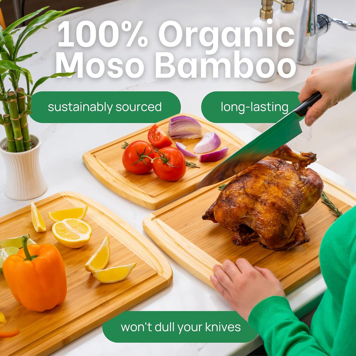 FSC® Certified Extra Large Bamboo Cutting Board Set, Organic Wood Cutting Boards for Kitchen with 67% Larger Surface