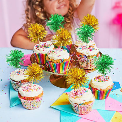 Gyufise 30Pcs Foil Firework Cupcake Toppers Sparkle Tinsel Cake Toppers Tinsel Drink Cake Decoration Cocktail Picks for Birthday Wedding Graduation Party Supplies Gold Green