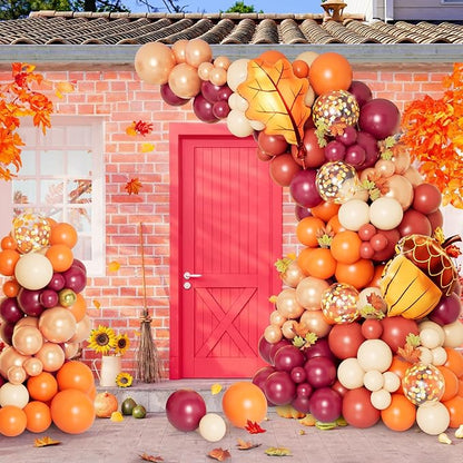 DBKL 138pcs Fall Balloon Garland Arch Kit with Orange Dusty Pink Wine Red Rose Gold Confetti Balloons Maple Leaf Pine Cones Foil Balloons for Thanksgiving Autumn Fall Birthday Shower Party Decorations
