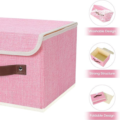 ANMINY 2PCS Storage Bins with Lid PU Leather Handles Storage Boxes PP Plastic Board Decorative Foldable Lidded Cotton Linen Fabric Home Cubes Baskets Closet Organizer Containers - Pink, Small Size