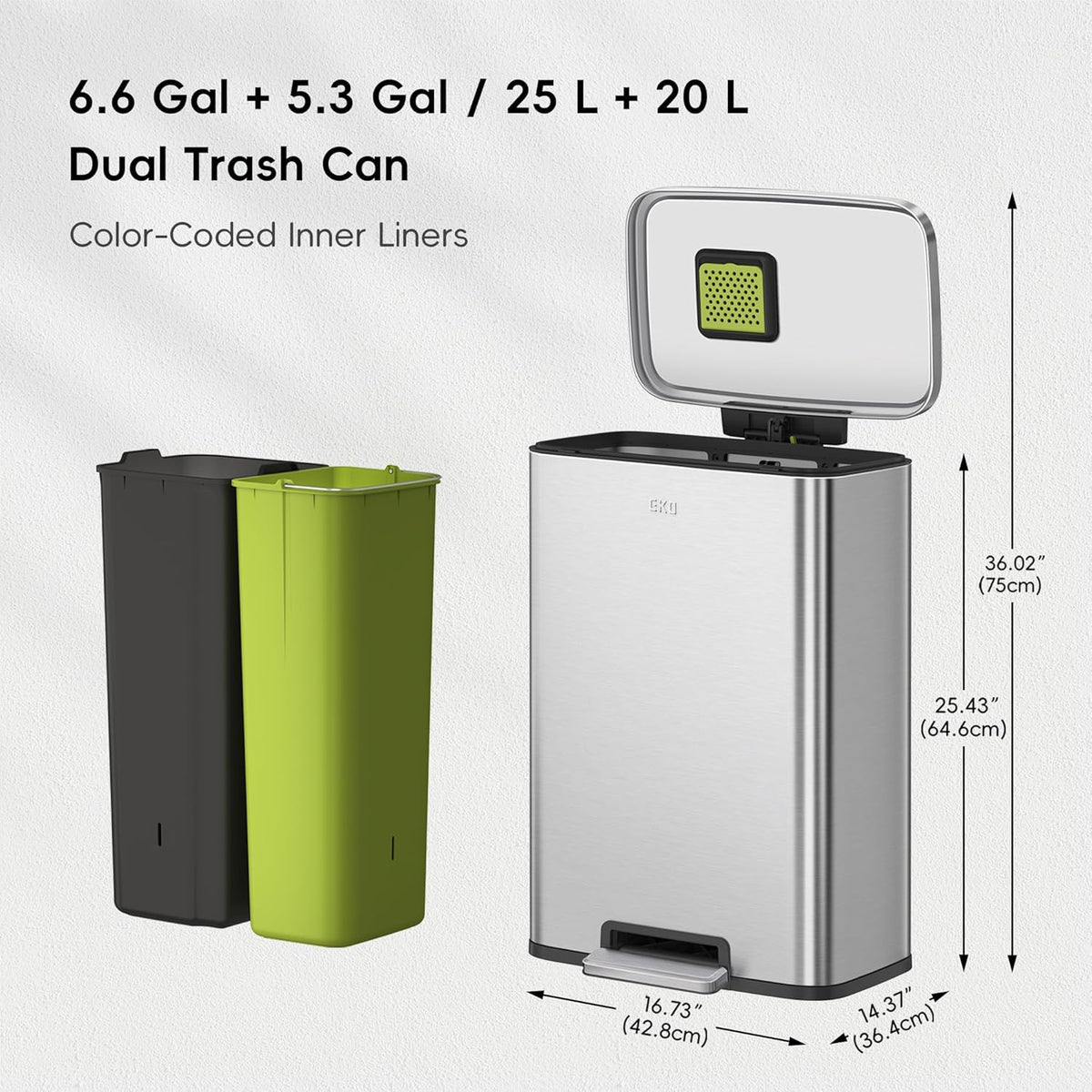 EKO Madison Brushed Stainless 25L+20L Dual Compartment Step Trash Can with Inner Liner, Recycling Bin, Soft-Close Lid, Fingerprint-Resistant Finish, and Durable Stainless Steel for Home and Office