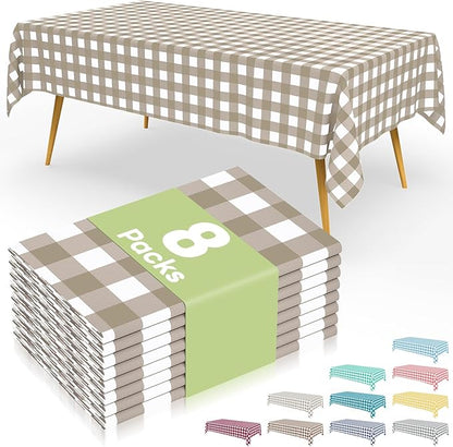 Smiry 8 Packs Gingham Disposable Table Cloth, 54 x 108 Inch Waterproof Plastic Tablecloth, Rectangle Khaki and White Checkered Table Covers for Outdoor, Birthday, Party