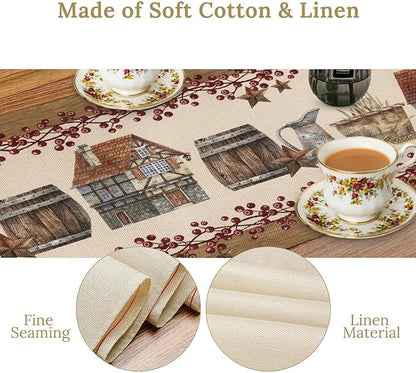Western Texas Table Runner, Rustic Farmhouse Country Barn Berry Vintage Rural Houses Pumpkin Print Table Runner for Party Picnic Dining Kitchen Table Decor,13x36inch