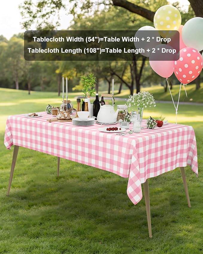 Smiry 20 Packs Gingham Disposable Table Cloth, 54 x 108 Inch Waterproof Plastic Tablecloth, Rectangle Pink and White Checkered Table Covers for Picnic, Birthday, Valentines