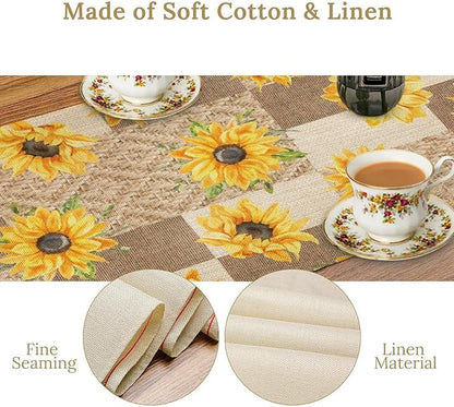 Farmhouse Sunflower Table Runner, Rustic Vintage Linen Patchwork Summer Yellow Floral Table Cover for Bithday Party Home Kitchen Dining Room Decor, 13x108inch