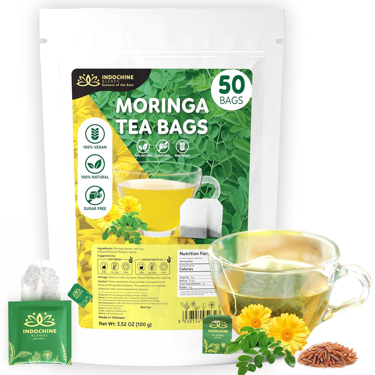 Indochine Blends, 50 Tea Bags, Hibiscus Tea Bags for High Blood Pressure, Herbal Tea Bags, Caffeine-Free, No Sugar, Vegan, Supports Heart Health and Relaxation, Loose Hibiscus Flowers, All Natural Hibiscus Flowers Ingredients (50 Tea Bags, Moringa Tea)