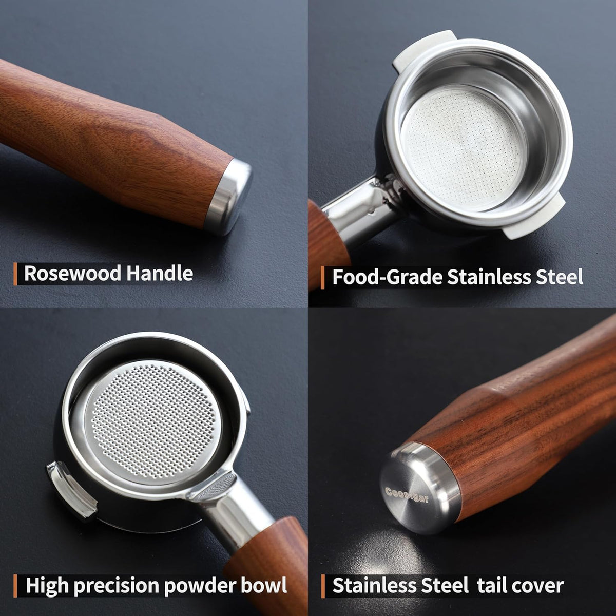 58mm Bottomless Portafilter, Fits for E61 Group Head 2 Ears machines, Stainless Steel portafilter and Rosewood Handle