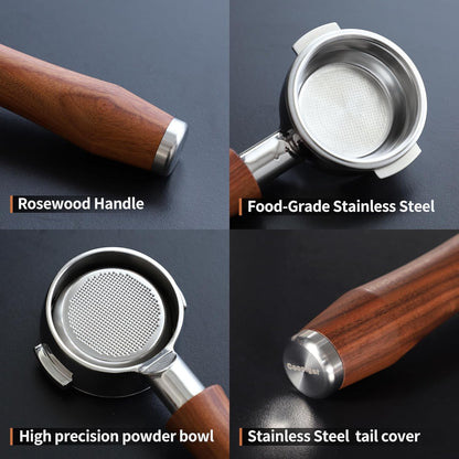 58mm Bottomless Portafilter, Fits for E61 Group Head 2 Ears machines, Stainless Steel portafilter and Rosewood Handle