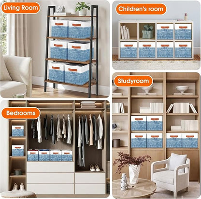 Fab totes Collapsible Storage Baskets for Shelves,14"x10", 6 Pack Foldable Fabric Storage Bins with Double Leather Handles, Large Baskets for Organizing Books, Clothes, White & Blue