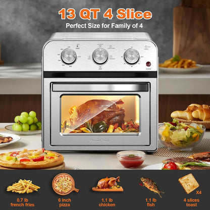 PlumChef 13 Quart 4 Slices Air Fryer Convection Toaster Oven, 1500W, Multifunction Oven for Roast, Bake, Grill, Broil, Toast（stainless steel）