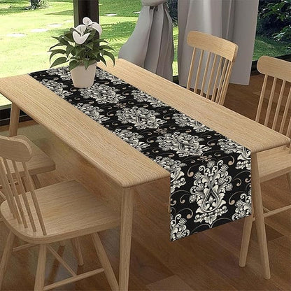 Goth Table Runner, Antique Gothic Damask Pattern Baroque Style Black Floral Flower Exotic Coffee Vintage Table Center Decor for Kitchen and Dining Outdoor Country Party Table Decorations, 13"x108"