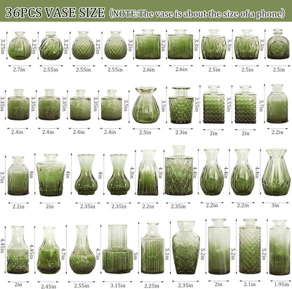 36Pcs Bud Vases Set Small Vintage Glass Bottles Bud Vases in Bulk Multiple Shape Cute Glass Vases for Rustic Wedding Centerpieces Table Decorations and Home Decor(Green)
