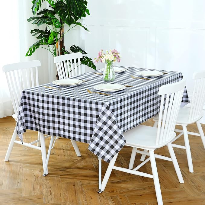 Romanstile Rectangle Vinyl Tablecloth, 100% Waterproof Buffalo Gingham Plastic Table Cloth, Heavy Duty Wipeable Checkered Table Covers for Outdoor, Camping, Picnic, Patio - 52 x 70, Black and White