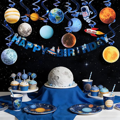 SUNBEAUTY Solar System Birthday Party Decorations Outer Space Happy Birthday Banner Planet Rocket Astronaut Hanging Swirls for Kids Baby Shower First Trip Around The Sun School Supplies