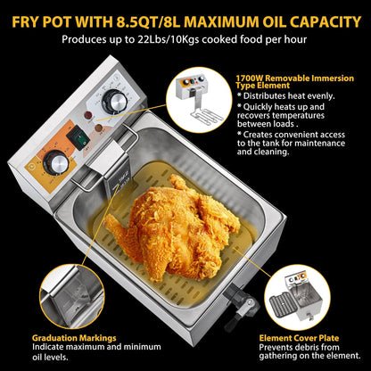 14 Qt. Electric Countertop Commercial Deep Fryer with 6.8 Qt. Basket, for Restaurant and Home - 120V, 1700W, Stainless Steel Build