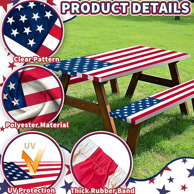 6FT American Flag Picnic Table Cover with Bench Covers Set 4th of July Waterproof Windproof Camping Rectangle Tablecloths with Elastic Fitted Picnic Table Cover for 4th of July Outdoor Decor