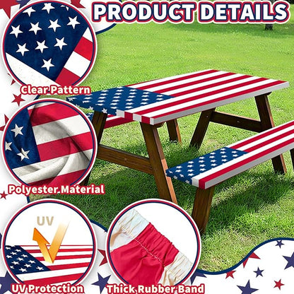 6FT American Flag Picnic Table Cover with Bench Covers Set 4th of July Waterproof Windproof Camping Rectangle Tablecloths with Elastic Fitted Picnic Table Cover for 4th of July Outdoor Decor