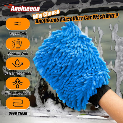 Car Wash Mitt Microfiber, Premium Chenille Microfiber Wash Car Mitts Sponge Scratch Free & Lint-Free, Mitts Waterproof Lining 4 Pack Blue (8''X12'')
