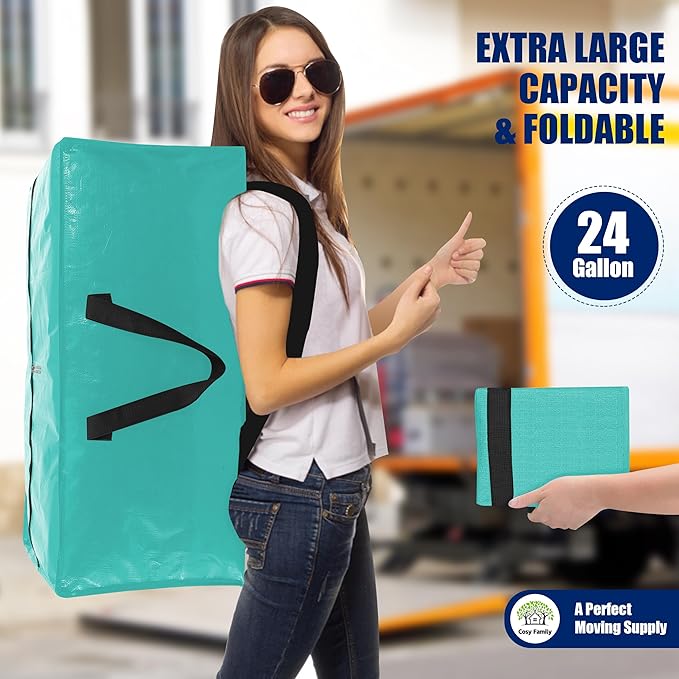 Cosy Family 8 Pack Heavy Duty Extra Large Moving Bags with Backpack Straps - Strong Handles & Zippers, Storage Totes For Space Saving, Fold Flat, Alternative to Moving Box, Aquamarine