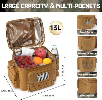 QT&QY Tactical Lunch Bag for mens Military heavy duty lunch box work Leakproof insulated Durable Thermal Cooler Bag for Adult Meal for Office Camping Picnic Pail MOLLE Webbing Khaki