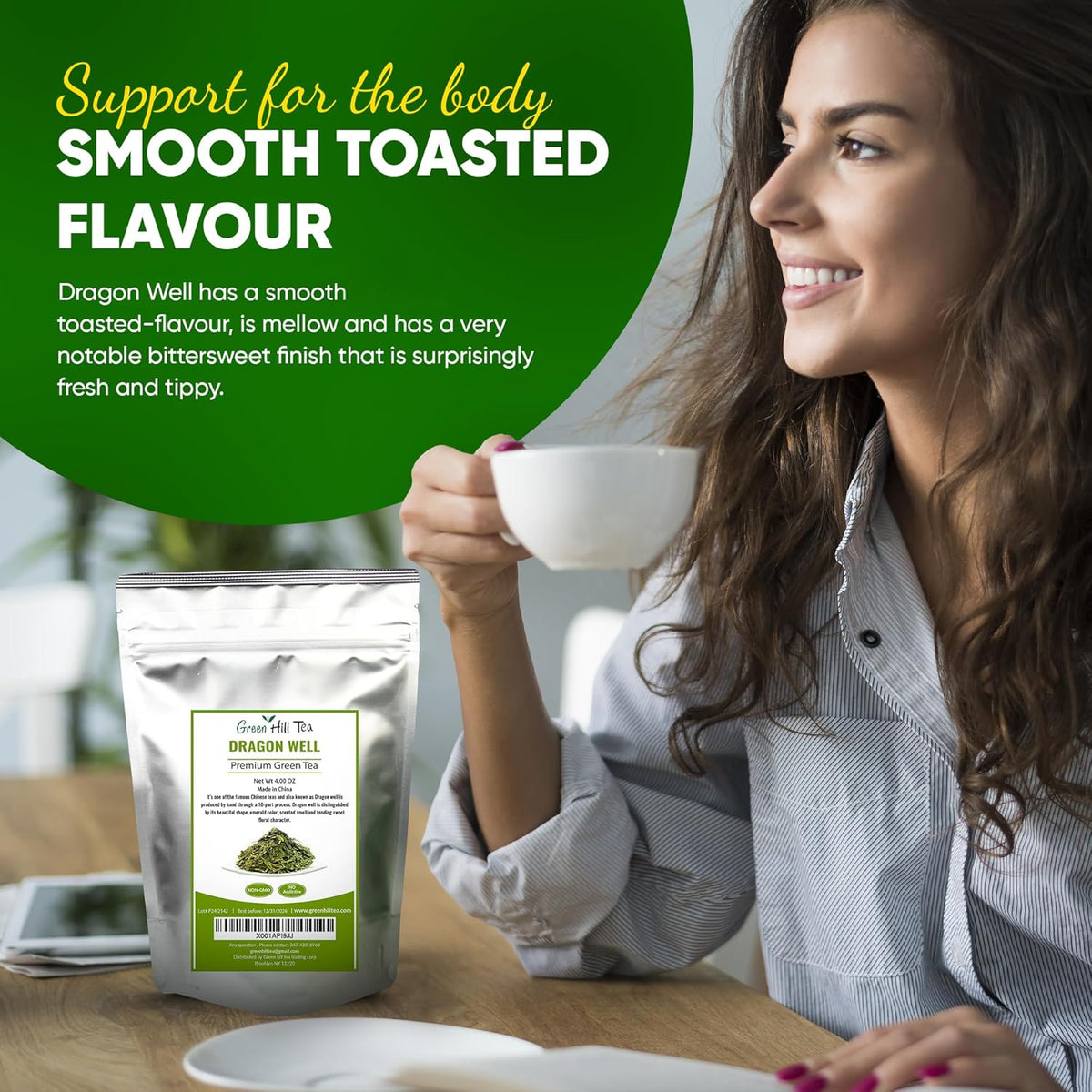 Greenhilltea Dragon Well green tea, a classic Chinese Green tea distinguished by its color, shape and taste- 4 OZ Bag