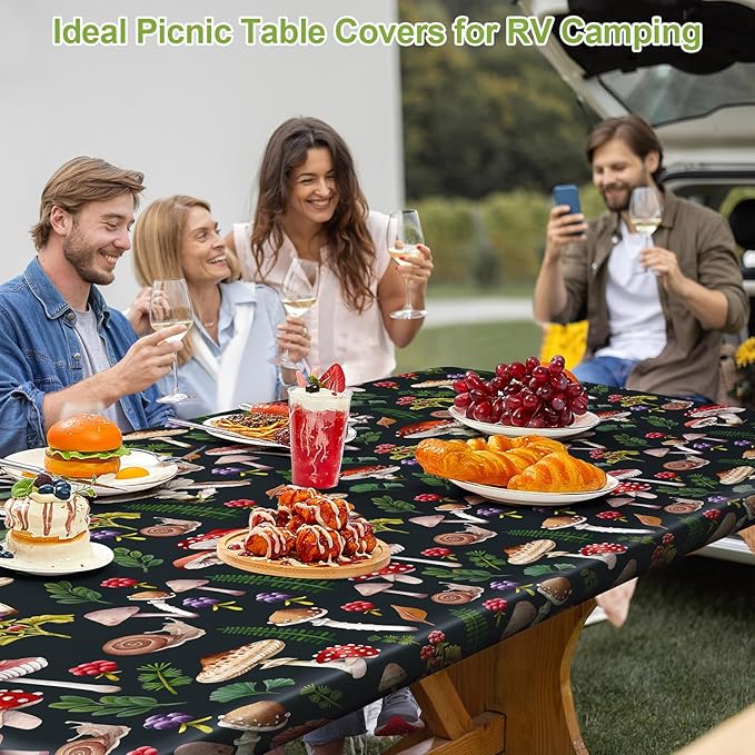 Picnic Table Cover with Bench Covers Portable Table Cloth Built-in Storage Pocket Picnic Table Covers With Elastic Waterproof Camping Essentials for RV Camping
