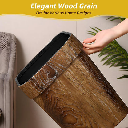 Wood Grain Plastic Trash Can Bedroom, Square 2-Pack, 3.7 Gal Farmhouse Wastebasket Bin Retro Style, Brown Trash Can for Room Aesthetic, Open Top Garbage Can for Office, Living Room, Hotel, Bathroom
