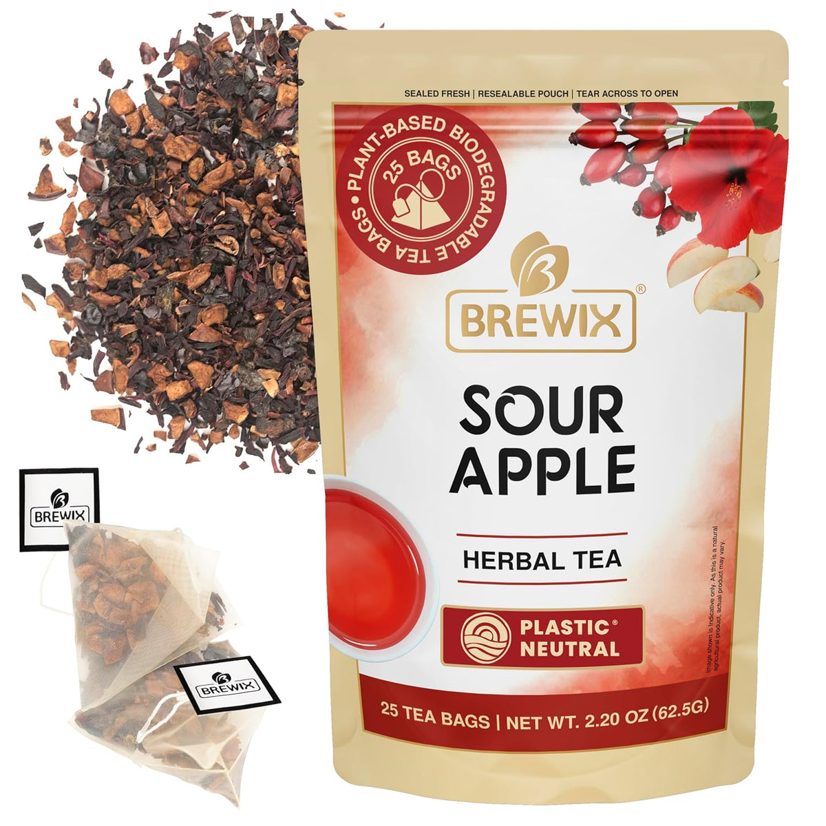 Brewix, Sour Apple Hibiscus Tea Bags (25 Pyramid Tea Bags) Caffeine-Free Herbal Tea, Apple, Hibiscus, Rosehip, Refreshing Wellness Brew for Any Mood