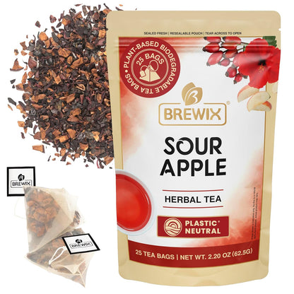 Brewix, Sour Apple Hibiscus Tea Bags (25 Pyramid Tea Bags) Caffeine-Free Herbal Tea, Apple, Hibiscus, Rosehip, Refreshing Wellness Brew for Any Mood