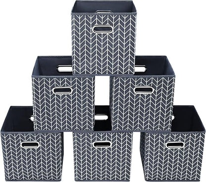 11 Inch Cube Storage Bins , Fabric Cube Organizer Bins with Handle, Foldable Cube Bins for Cloth or Accessary Storage, 11x11x11 set of 6,（Gray Wave）