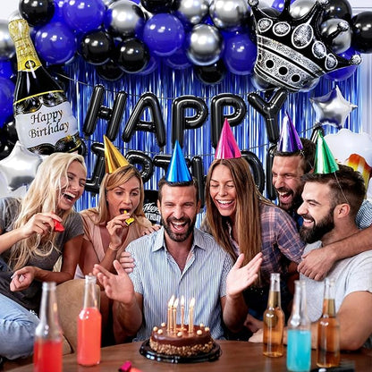 Blue and Black Happy Birthday Decorations for Men with Happy Birthday Banner, Fringe Curtains, Birthday Foil Balloons Kits for 21st,25th 27th 30th 35th 40 50 60th Birthday Party Decorations
