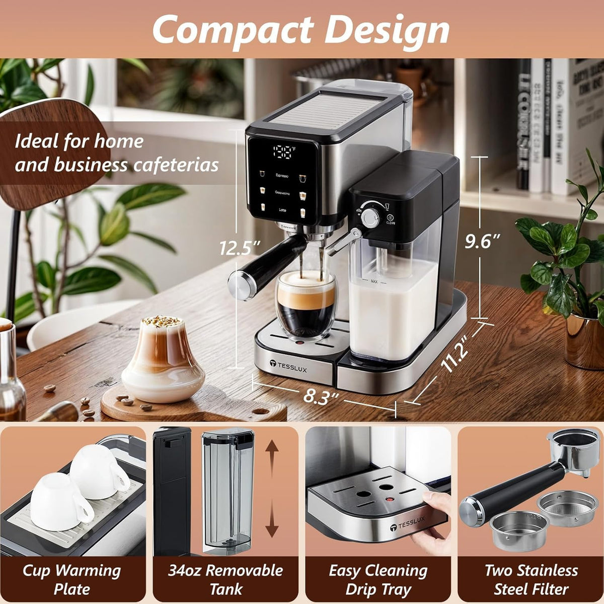Espresso and Cappuccino Machine, 20 Bar Dual Boiler Latte Maker with Touch Control & Digital Temperature Display, Compact Coffee Machine for Home, Automatic Milk Frother