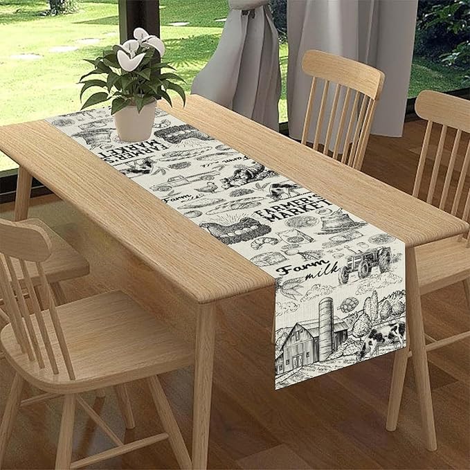 Farm Animals Table Runner, Rustic Farmhouse Cow Pig Rooster Watercolor Coffee Table Center Decor for Home Kitchen Dining Patio Holiday Party Indoor Outdoor Table Decorations, 13"x36" Inch