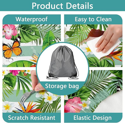 Picnic Table Cover with Bench Covers, Camping Essentials Hawaiian Luau Tropical Palm Leaves Flower Butterfly Waterproof Windproof Fitted Tablecloth Cover with Elastic Edge for Outdoor 3 PCS 30x72 Inch