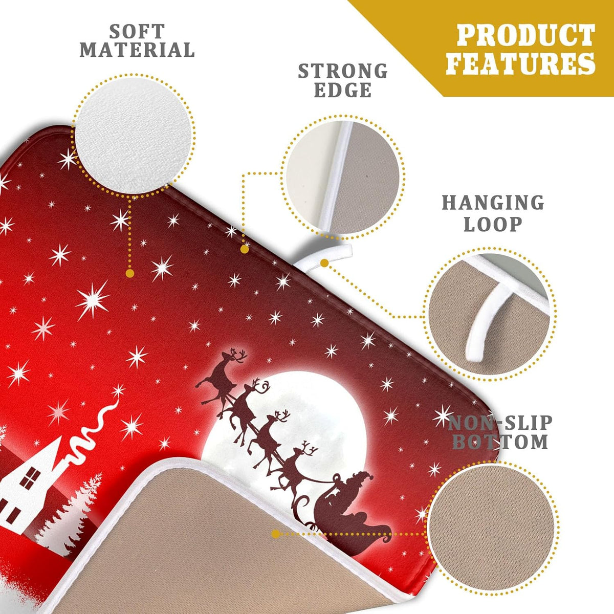 Christmas Reindeer Moon Star Red Dish Drying Mat for Kitchen Counter,White Xmas Tree Castle Drying Mat 16 x 18 Inch with Absorbent Reversible