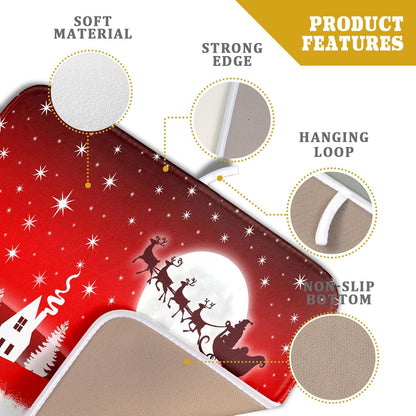 Christmas Reindeer Moon Star Red Dish Drying Mat for Kitchen Counter,White Xmas Tree Castle Drying Mat 16 x 18 Inch with Absorbent Reversible