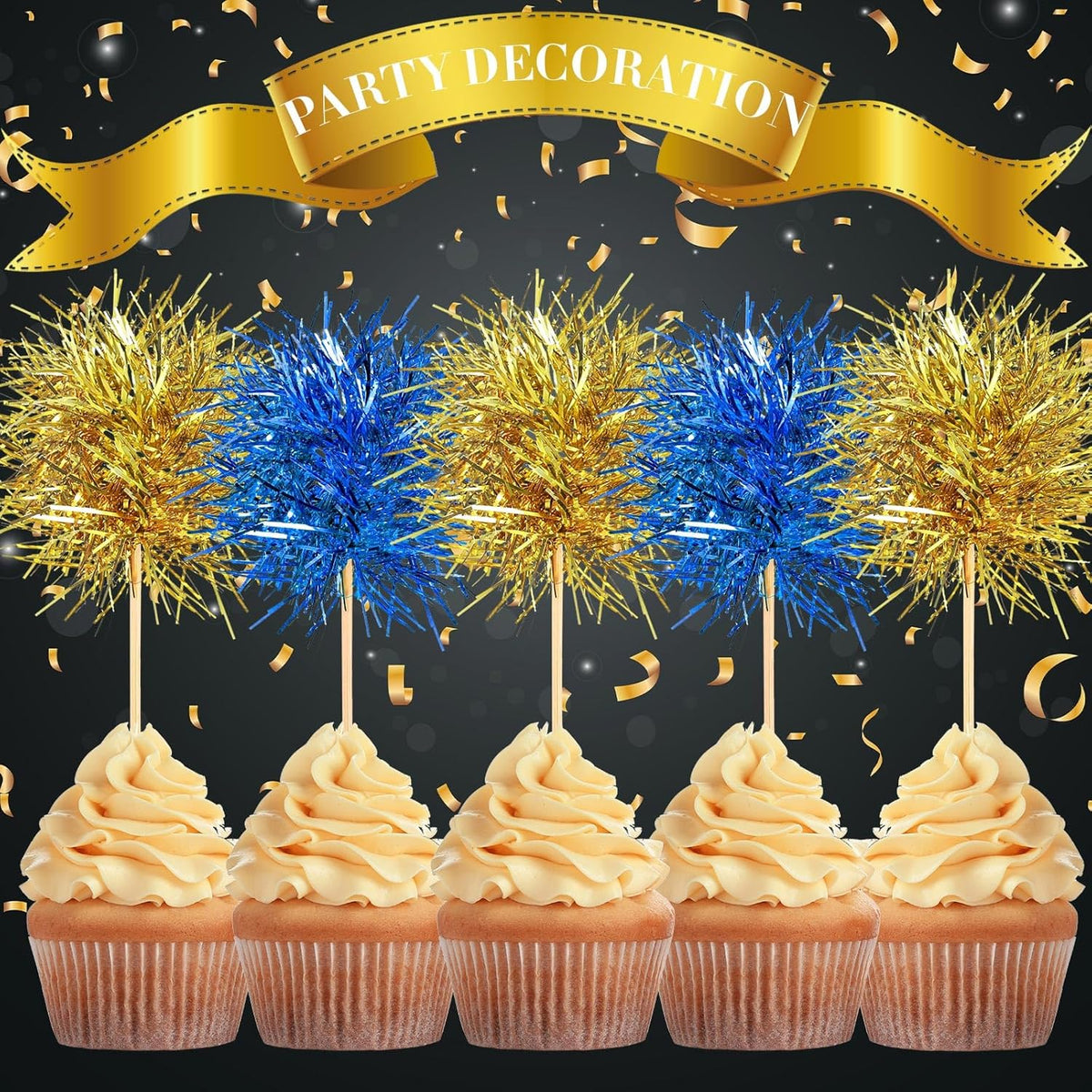 Chinco 100 Pcs Foil Firework Cupcake Toppers Sparkle Tinsel Cake Toppers Cake Decoration Cocktail Fruit Toothpick for Birthday Wedding Graduation Party(Blue, Gold)