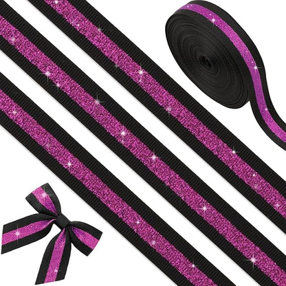 Black Purple Glitter Grosgrain Ribbon 5/8" x 10 Yards,No-Shed Cheer Ribbon for Cheerleading Hair Bows, Homecoming Mum Supplies,School Colors,Team Spirit Crafts Gift Wrapping Party Decorations