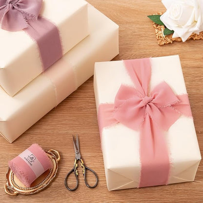 DORIS HOME 2" x21Yd Chiffon Ribbon for Flower Bouquet, Pink & Dusty Rose Fabric Ribbon for Gift Wrapping, Handmade Frayed Ribbon for Wedding/Christmas Decorations