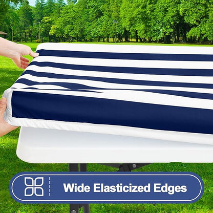 Smiry Picnic Table Cover with Bench Covers, Waterproof Elastic Fitted Tablecloth for 6 Foot Tables, Washable Polyester Tablecloths for Camping, Indoor & Outdoor (Navy Stripe, 30x72 Inch 3-pc Set)