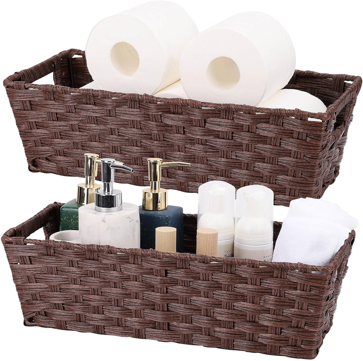 Plastic Wicker Storage Baskets - Toilet Tank & Bathroom Baskets, Woven for Organizing, Brown, 15¾" x 6¾" x 4¾", 2-Pack