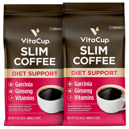 VitaCup Slim Ground Coffee, Diet Support with Ginseng, Garcinia, B Vitamins, Medium Dark Roast, Bold and Smooth,100% Arabica Specialty Coffee Grounds, 2 bags, 11oz each